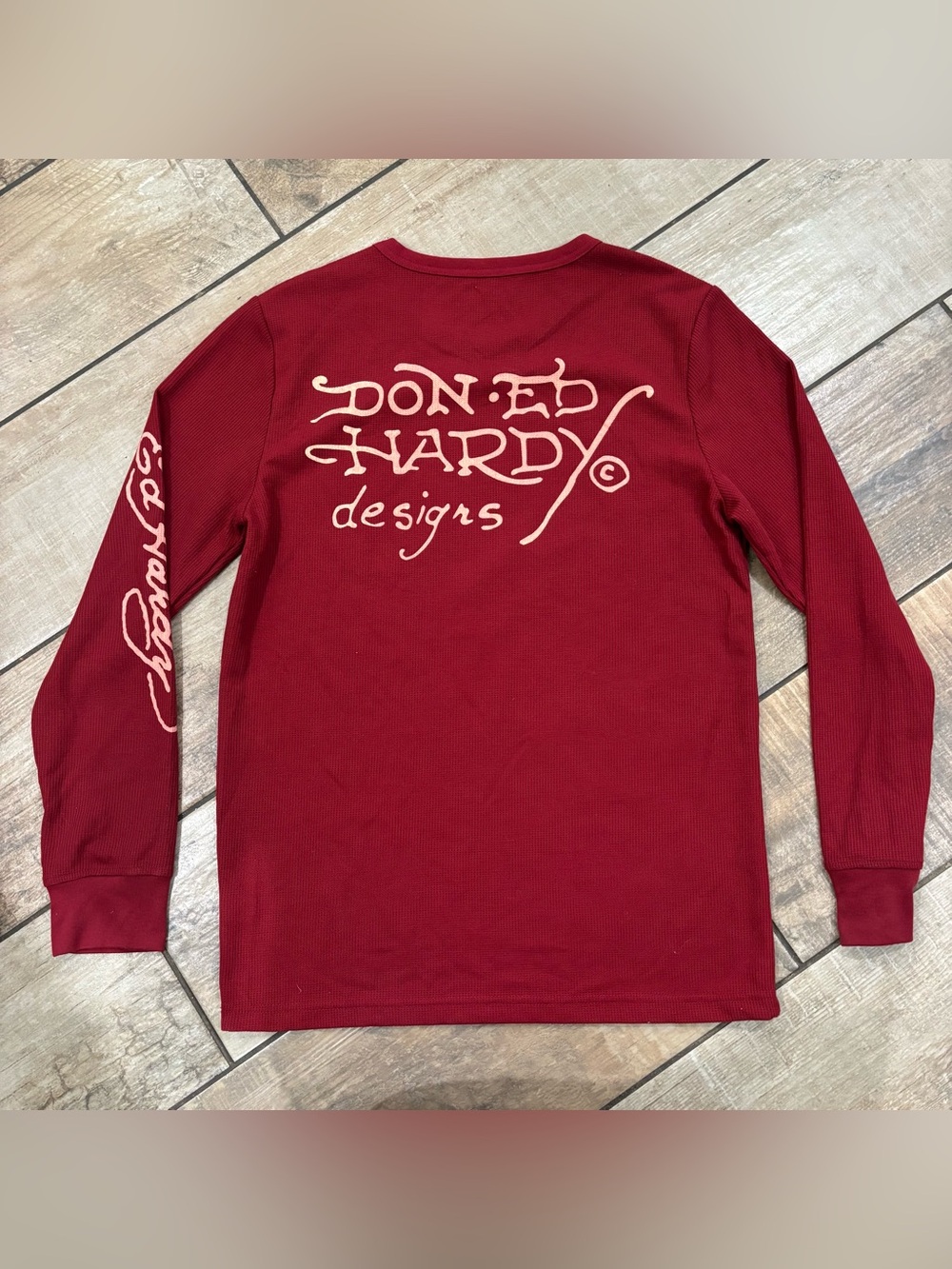 Ed Hardy Y2K Style Thermal Long Sleeve Mens S Burgundy Tiger Tattoo Waffle Knit - Picture 5 of 6